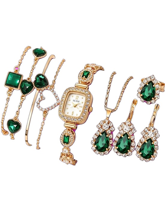 HIKUN Accessories - Gold-Tone Watch and Jewelry Set with Emerald Green Crystals